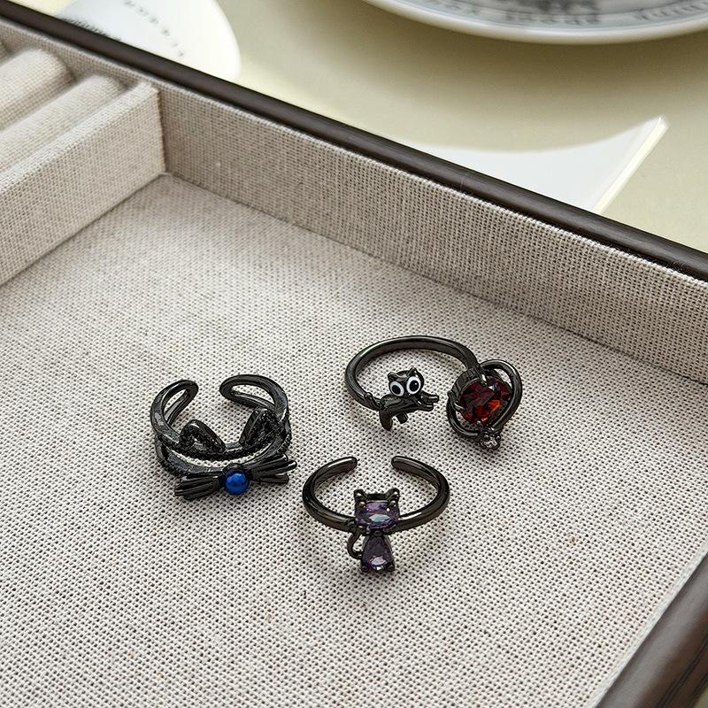Dark Gothic Y2K Cat Full Diamond Zir*****Pen Ring Sweet Cool Niche Premium Sense Stacked Ring