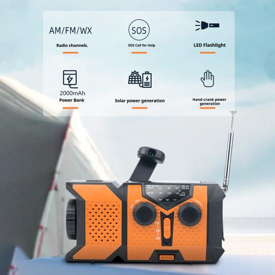Emergency Radio with SOS Alarm Flashlight Solar Powered Hand Crank Rechargeable Radio Outdoor Camping