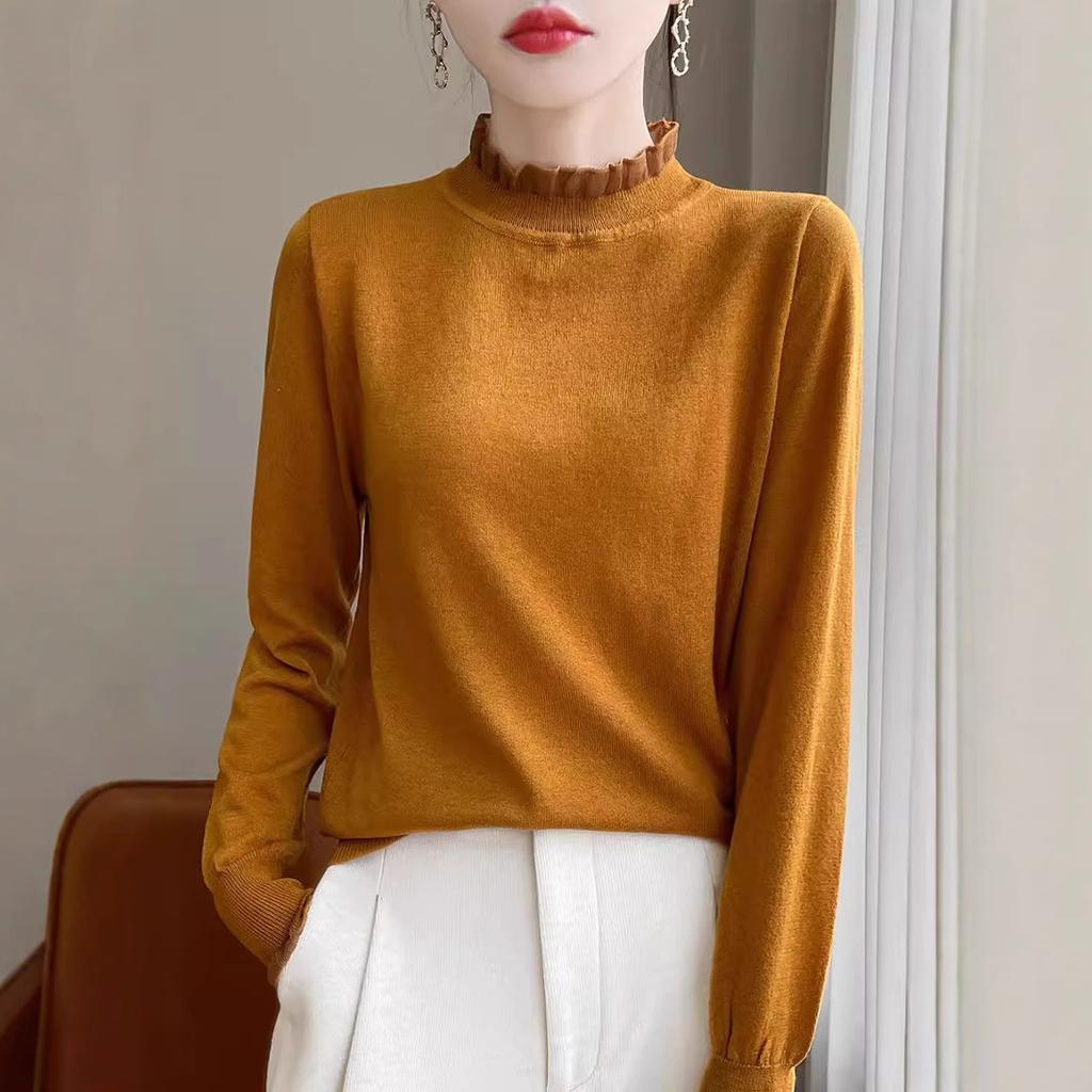 Women's Simple Ruffled Half-High Neck Thin Knitted Wool Sweater Lace Elegant Solid Color Comfortable Frilled Base Layer