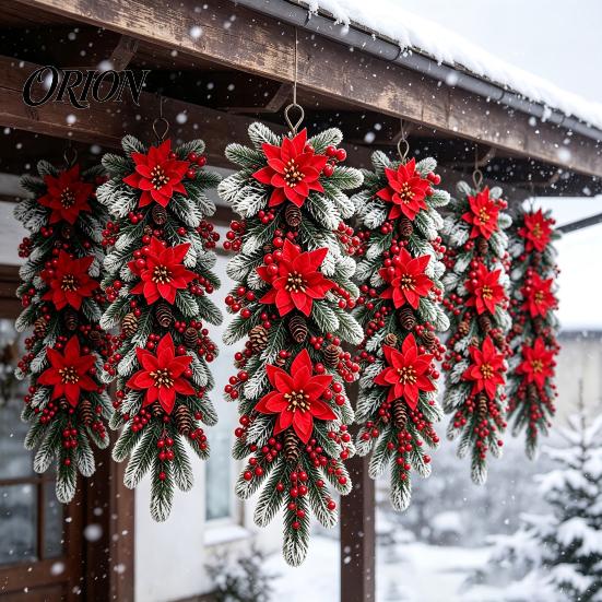 Festive Snowy Pine Needle Swag Holiday Entrance Wall Ornament, Red Poinsettia Berry Decor, Natural Decor Cone Hanging Swag, Needles Scandinavian Home
