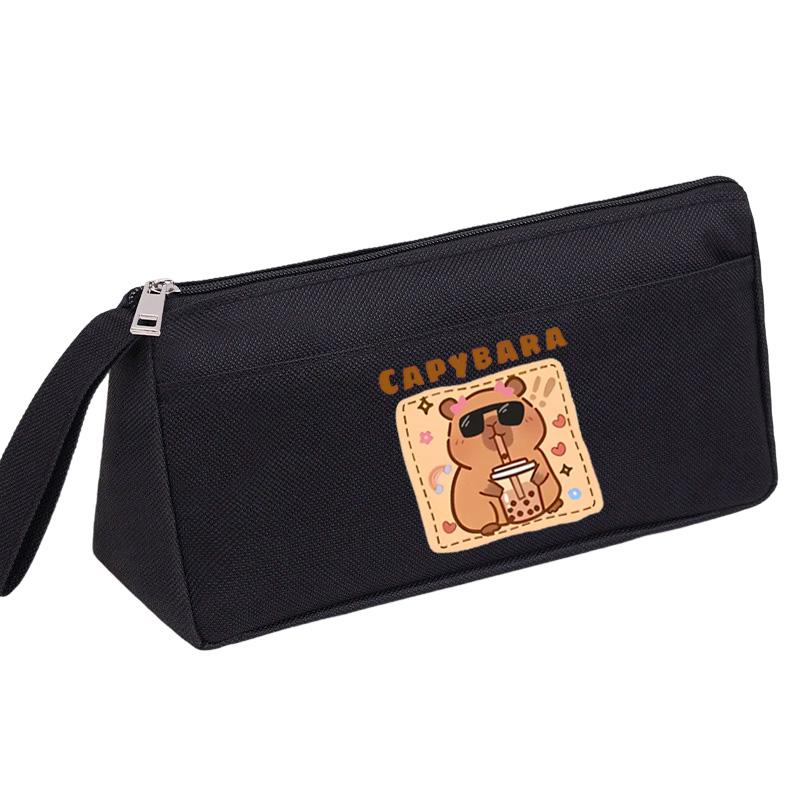 Cute Capybara Bubble Tea Oxford Cloth Pencil Case Durable Stationery Pouch with Handle for Students чёрный