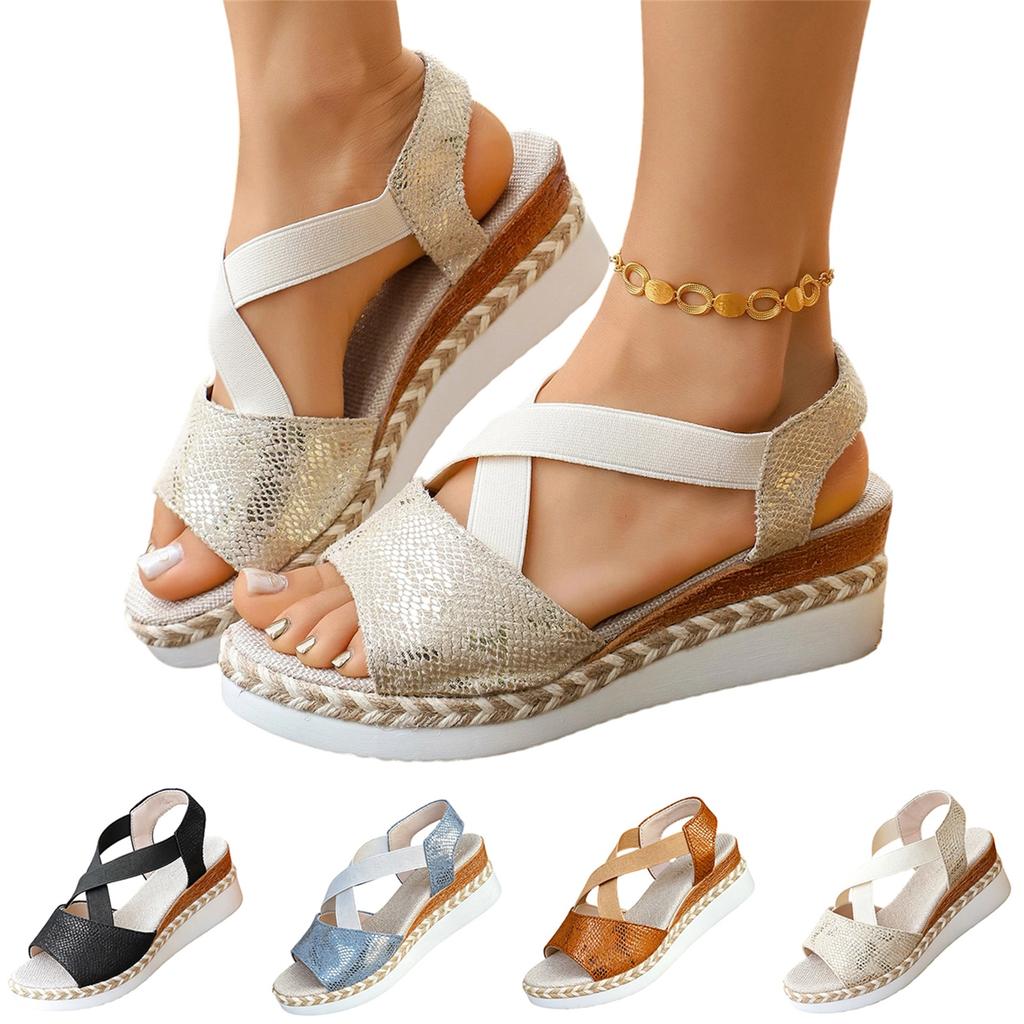 Women's Plus Size Cross Strap Peep Toe Wedge Casual Sandals with Elastic Back Strap Comfortable Platform Shoes for Summer