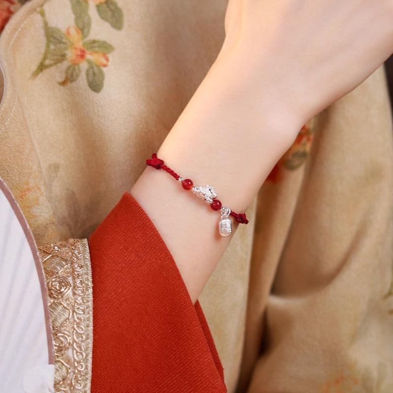 Benfu Horse2026Pure Silver Zodiac Horse Red Agate Bracelet with Red Rope, Exquisite and Unique Gift