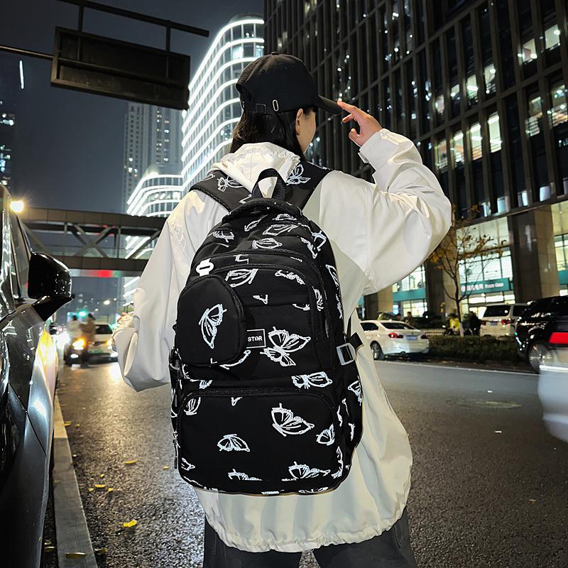 Butterfly Print Junior High School Student Schoolbag Women's Large Capacity Travel Lightweight Backpack with Coin Purse