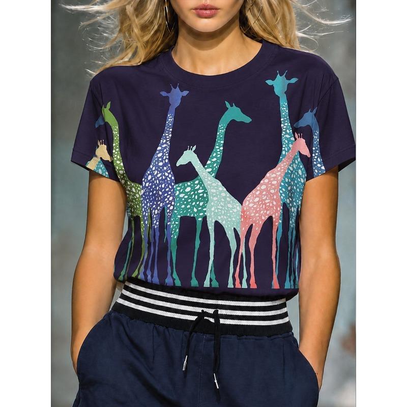 Women's Spring Summer Casual T-Shirt, Monarch Butterfly & Floral Print Crew Neck Tops for Daily Street Holiday Outfit