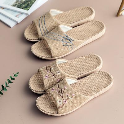 Retro Linen Thick-soled Slippers Cotton Linen Thick-soled Embroidered Comfortable Couple Sweat-absorbent Floor Home Slippers for Men and Women