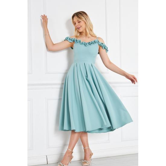 Women's Adjustable Strap Ruffle Detailed Collar Pleated Flared Midi Evening Dress