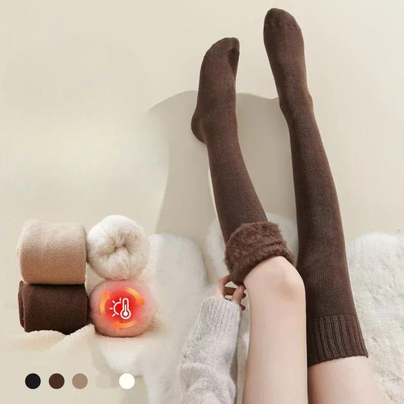 Women Socks Winter Warm Long Stockings Thick Thermal Cotton Terry Solid Harajuku Breathable Thicken Casual Over Knee High Socks
