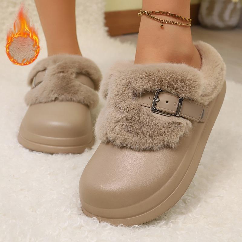 Fashion Winter Cotton Mopping Fashion Round Toe Deep Mouth Metal Buckle Plush Warm Non-slip Flats
