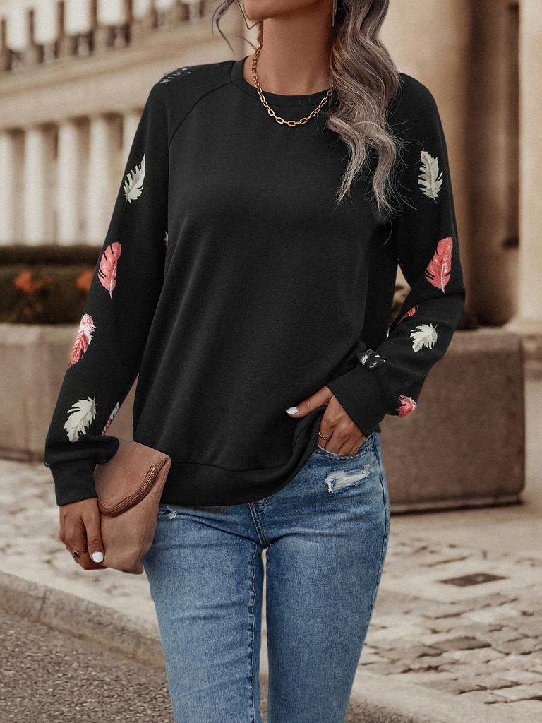 2026 New Fashion Womens Feather Print Sweatshirt Crew Neck Long Sleeve Casual Loose Pullover Autumn Winter Warm Top Woman Hoodie