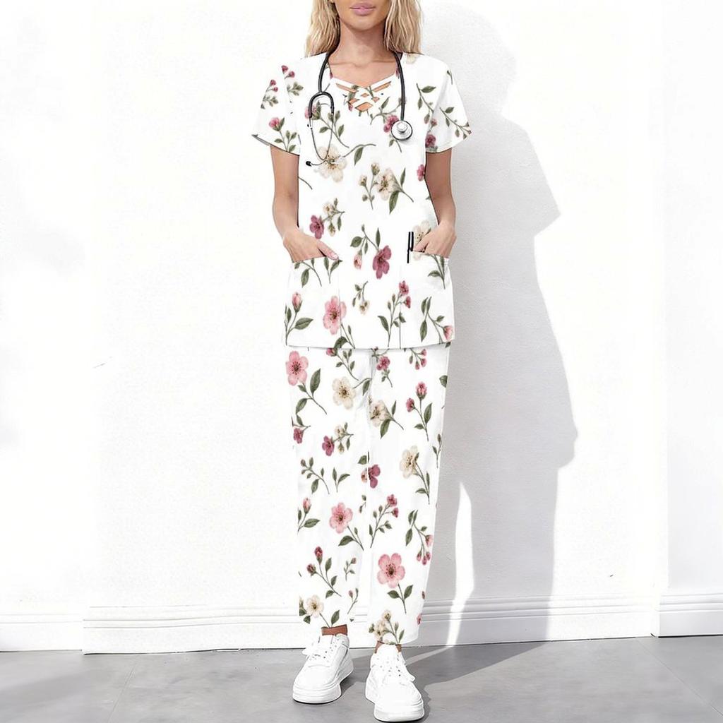 Women Plus Size Floral Printed Cutout Neck Short Sleeve Scrub Set With Pockets Top And Long Pants Two Piece
