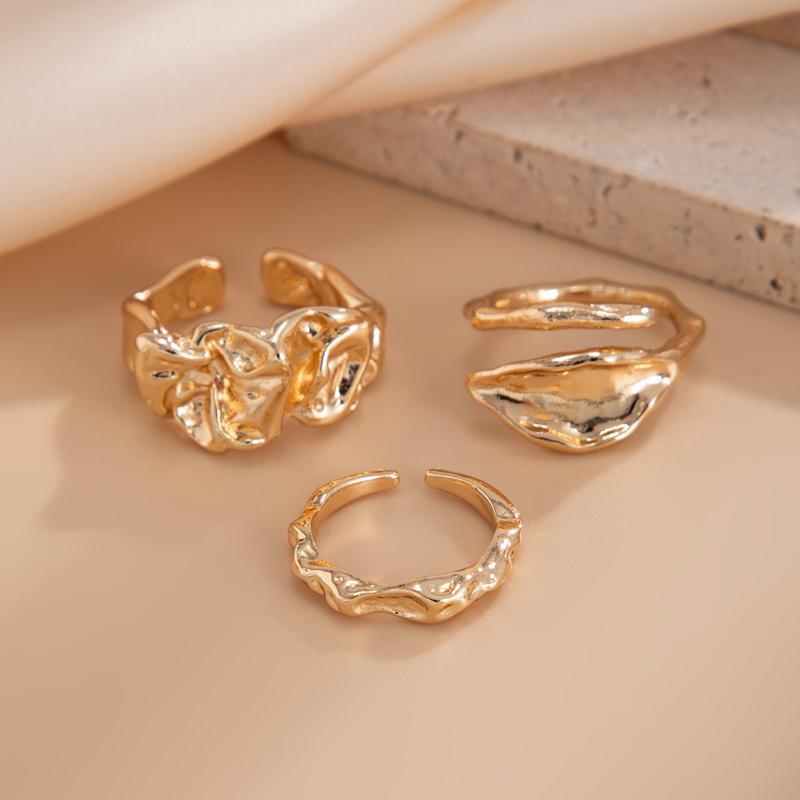 3Pcs/Set 2025 New Metal Irregular Liquid Line Open Ring Set for Women Simple Gold Color Bow Finger Ring Beach Vacation Jewelry