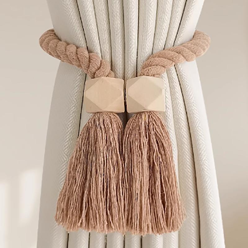 2pcs Magnetic Wooden Tassel Window Curtain Curtain Holdbacks,Bathroom Shower Curtain Accessories,Home Decor Curtain Buckles