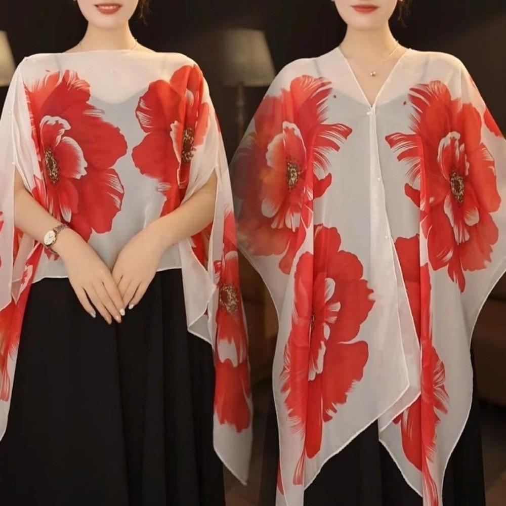 Long Length Sun Protection Shawl Flower Pattern Chiffon Scarf Breathable Shawl  Outdoor Activities