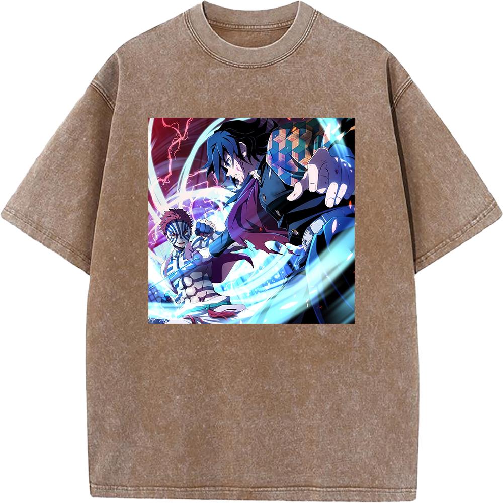 Tomioka Giyuu Akaza Anime Clothing Demon Slayer Cotton Tee Men Women Retro Washed T-shirts Casual T Shirt Harajuku Male Tshirt