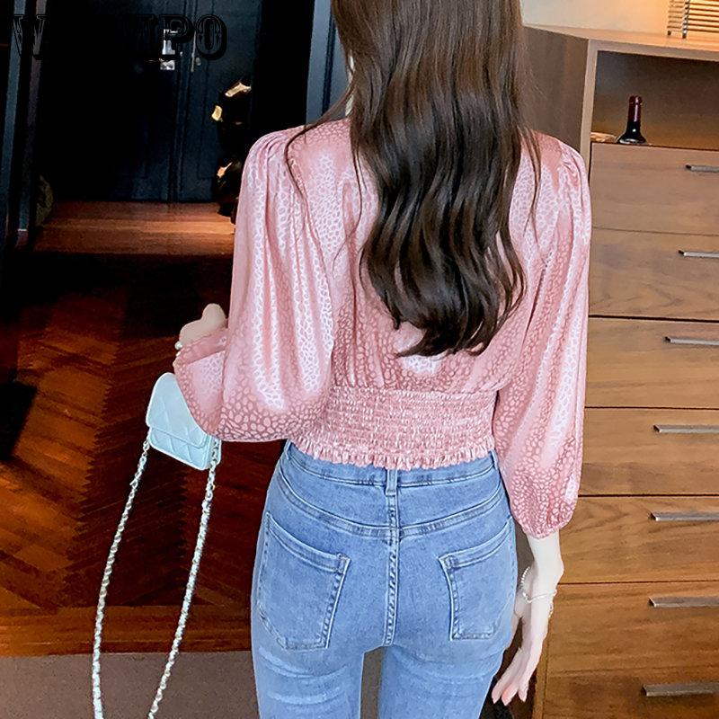 WTEMPO Long Sleeve Stain Blouses Women Korean Leopard Print Long Lantern Sleeve V-neck Shirts New Casual Cropped Tops