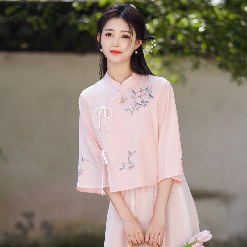 Costum Tang Retro Chinezesc Brodat și Set Top Cheongsam Inspirat de Hanfu pentru Femei