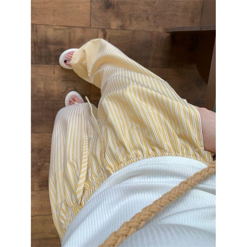 

Желтые брюки широкого кроя в корейском стиле с вертикальными полосками, женские летние брюки прямого кроя свободного покроя в стиле casual из ледяного шелка на кулиске для прогулок Yellow L