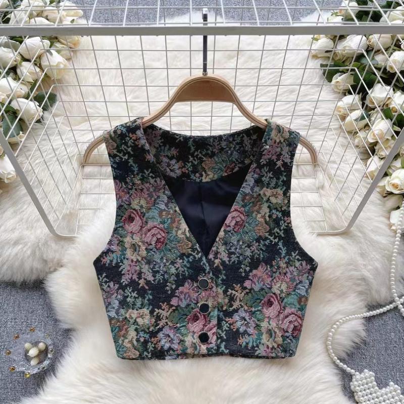 

Винтажная шикарная майка с цветочным принтом, женская майка с вышивкой и v-образным вырезом во французском стиле, женская летняя рубашка в стиле ретро, ​​универсальный модный дизайн, вечерние жилет One Size чёрный