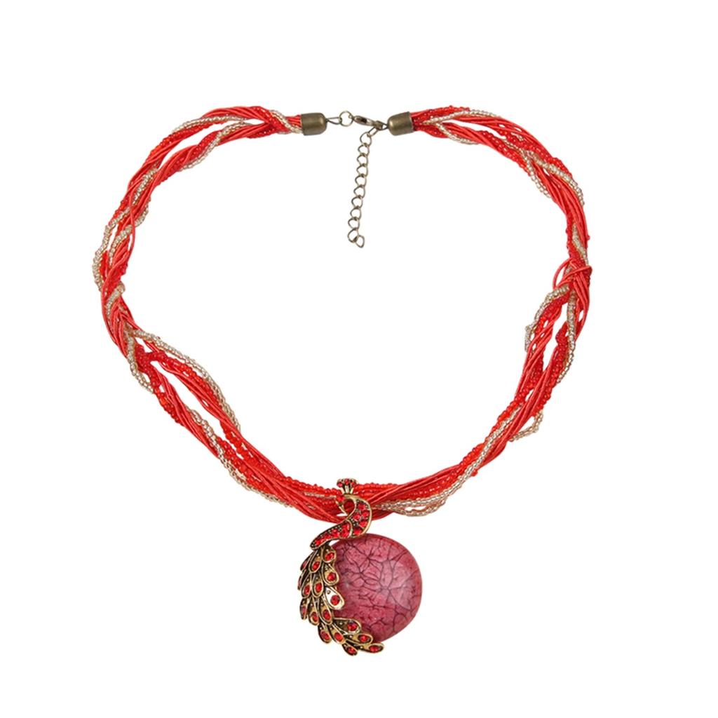 Bohemian Peacock Gemstone Temperament Women's Retro Rice Bead Necklace Sweater Chain Ethnic Pendant Woven Rope