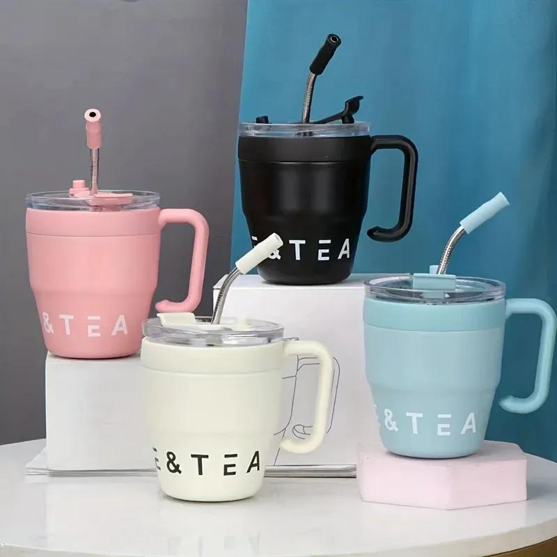 Stainless Steel Thermos Tumbler Coffee Mug Portable Hot Cold Drinks Tea Milk Handle Mugs 480ml Office Coffee Cup with Straw Lid YY394