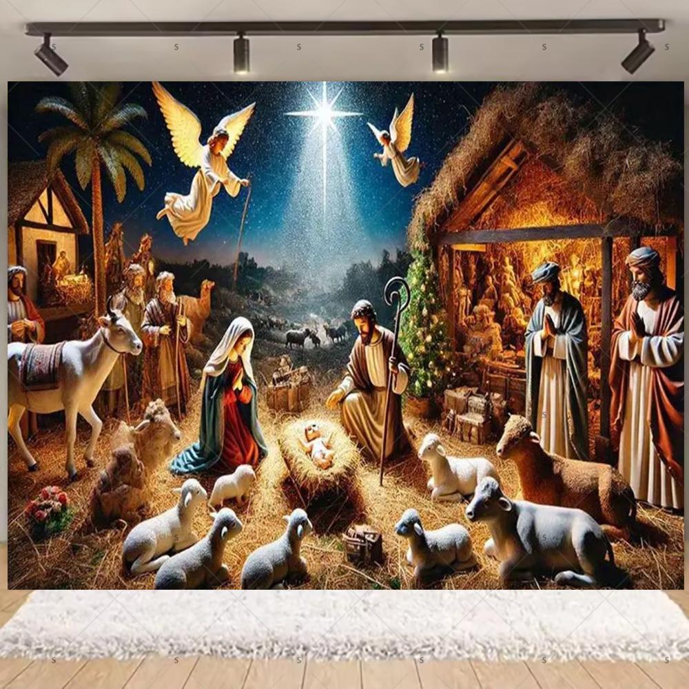 Nativity Scene Background Banner Starry Night Traditional Christmas Religious Jesus Backdrop Supplies Christmas Party Decoration