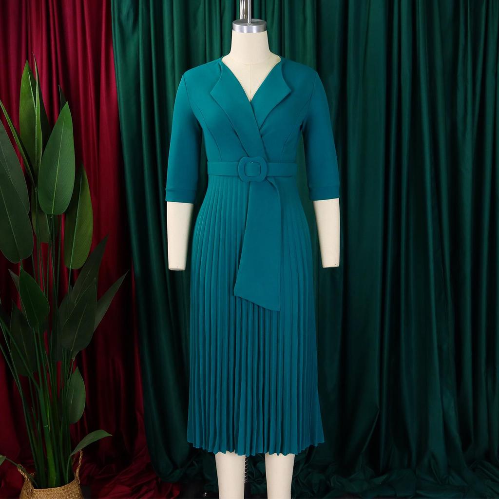 L51 Women's Suit Collar Tie-Waist Pleated African Dress