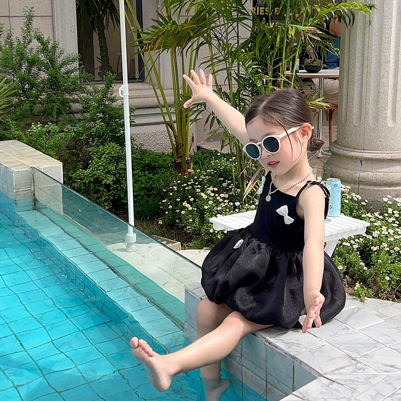 Sweet Baby Summer 2025 Bow Black Sling Princess Swimsuit for Kids