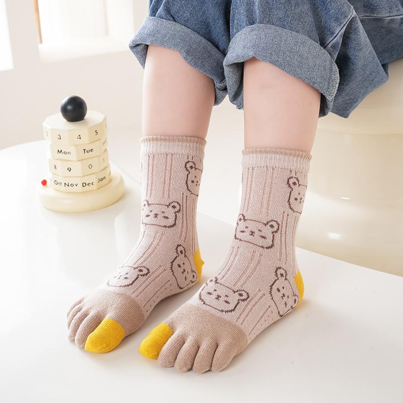 5 Pairs Kids Split Toe Mesh Socks Summer Thin Cute Cartoon Bear Head Five Fingers Glass Silk Cotton Socks for Baby Boys Girls