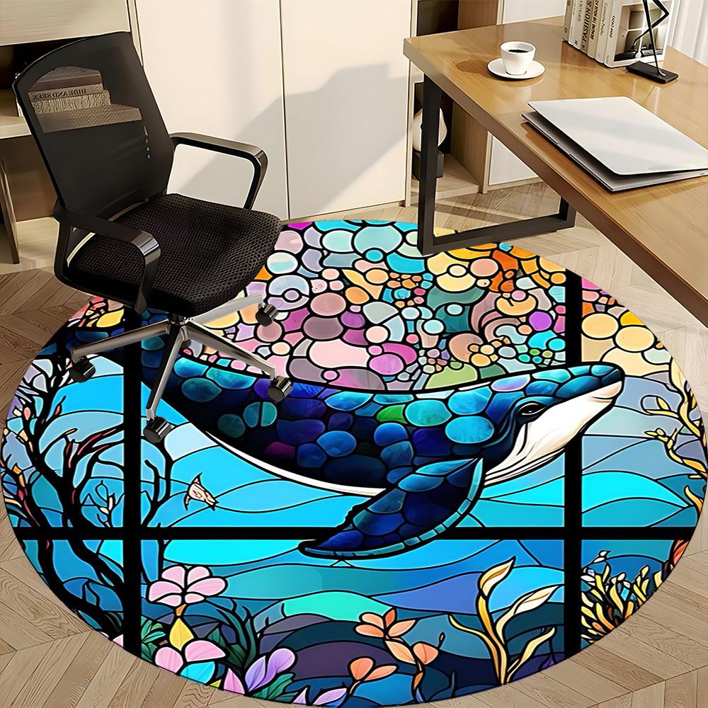 1pc Whale StainedGlass Office Round Area Rug, Under Office Chairs Bedroom Living Room Home Decor, Room Deco
