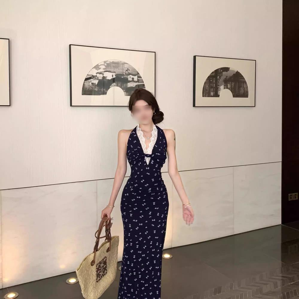 

Кружевное платье-майка с халтером, женское летнее цветочное, приталенное по талии, длинная юбка, темпераментная юбка-бедра XL- (recommended 110-60kg)