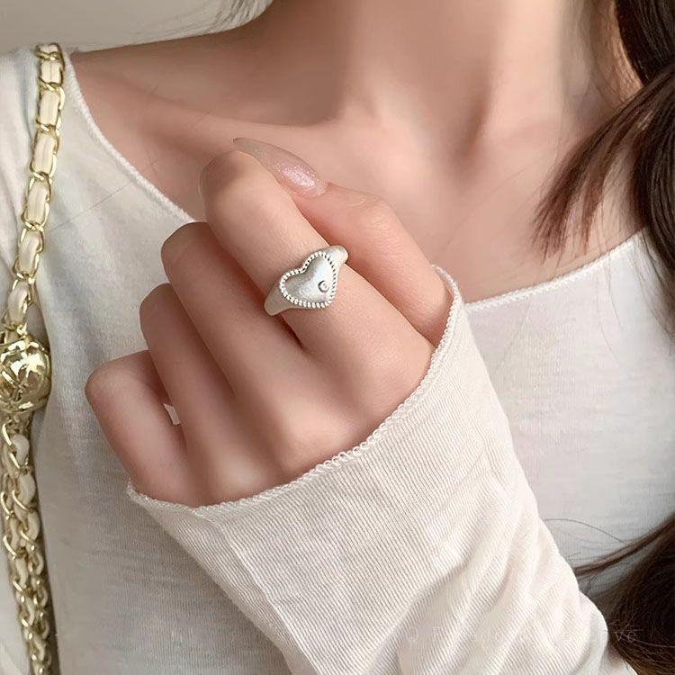 Silver Brushed Zircon Open Ring: Retro Simple Heart Design, Niche Luxury Feel, Perfect for Index Finger Adjustable