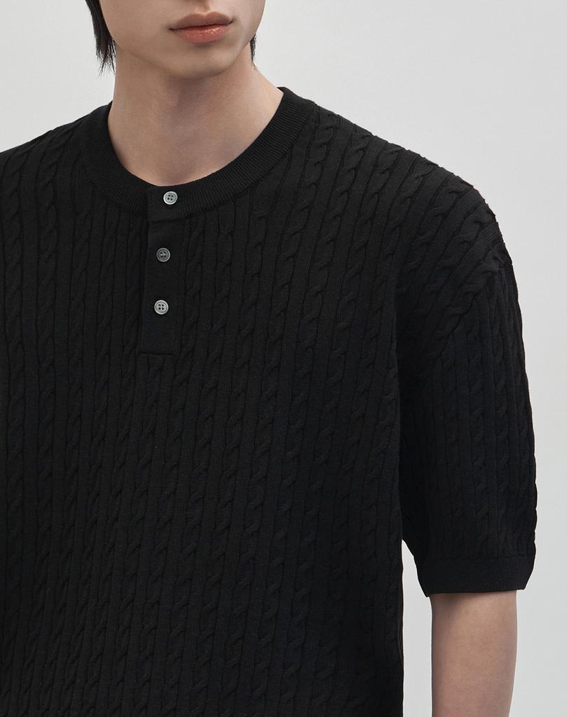 WORK ON BODY OFF Cool Bamboo Semi-Overfit Cable Henley Neck Short Sleeve Knit [Black]