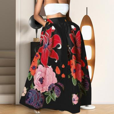 Women Maxi Skirt Elastic High Waist Large Hem Long Skirt with Pockets Flower Print Parties Weddings Skirt