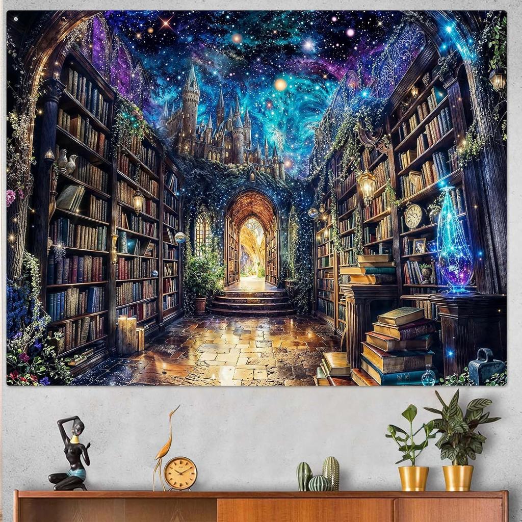 Magic bookshelf library tapestry wall decoration bedroom art tapestry living room wall hanging"