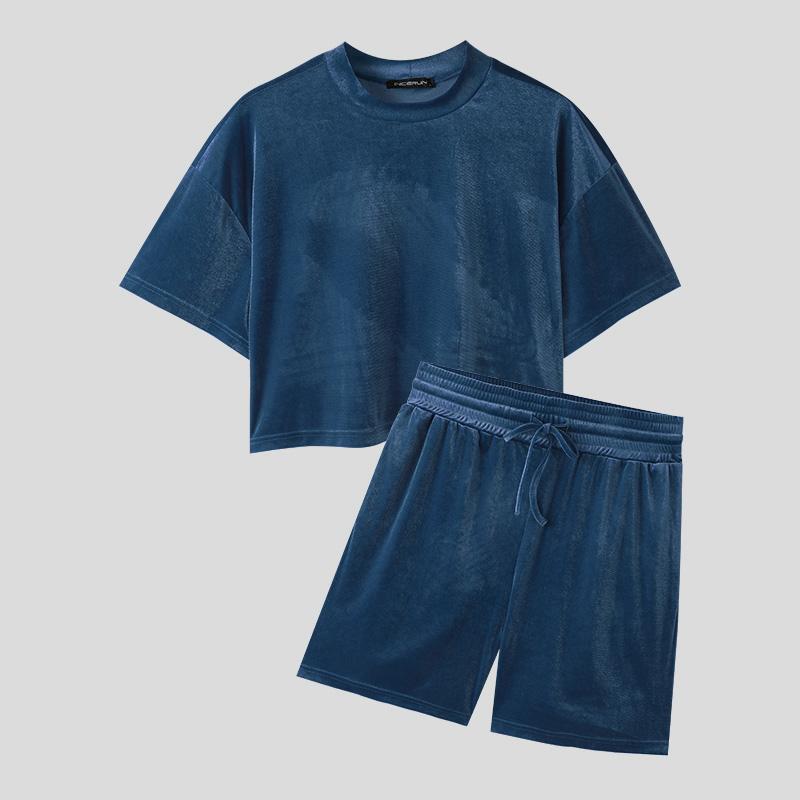 

INCERUN Мужские двухсекционные комплекты из топов с коротким рукавом и брюк, повседневные костюмы из 2 предметов с шортами из бархата XL синий