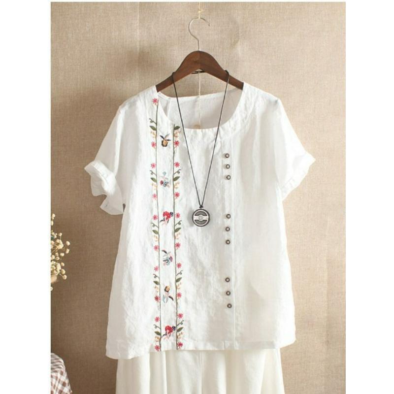 Вышитый Пуловер Хлопково-льняная Футболка Круглый Вырез Короткий Рукав Свободная Универсальная Блузка Летняя Хлопково-льняная Рубашка XS белый