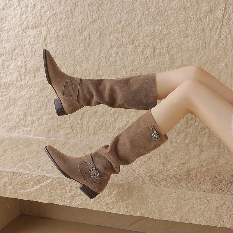 Krazing Pot Cow Suede Autumn Winter Shoes Round Toe Metal Buckle Big Size 42 Thick Med Heels Slip On Western Boots Women Knee Boots