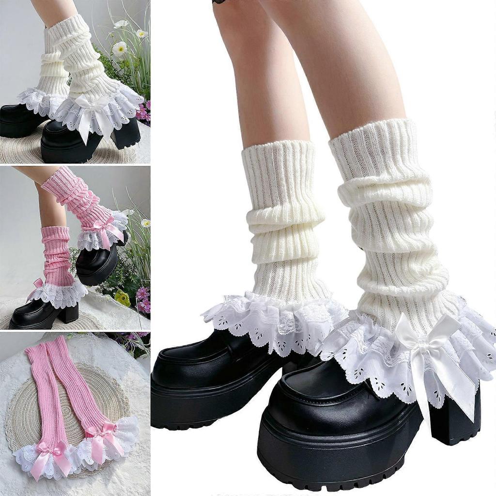 Mädchen Lolita Rüschen Gehäkelte Beinwärmer Gestrickte Beinärmel Goth Häkeln Knöchel Haufen Socken JK Uniform Fußabdeckungen Weiß