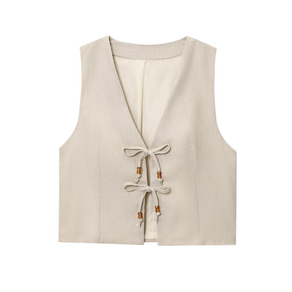 European and American style, new women's clothing, beaded linen blended vest, blended casual shorts