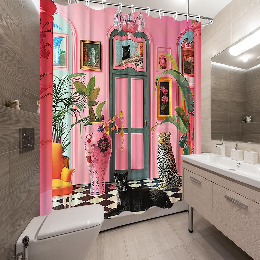 1 Piece Surreal Leopard Shower Curtain - Bright Pink Interior, Exotic Flowers, Checkered Floor Design, Decorative Shower Curtain