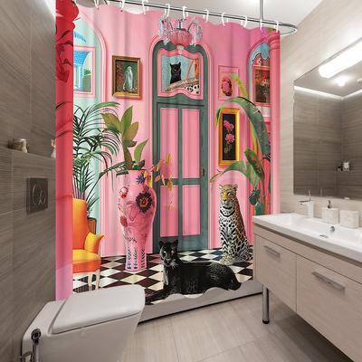 1 Piece Surreal Leopard Shower Curtain - Bright Pink Interior, Exotic Flowers, Checkered Floor Design, Decorative Shower Curtain
