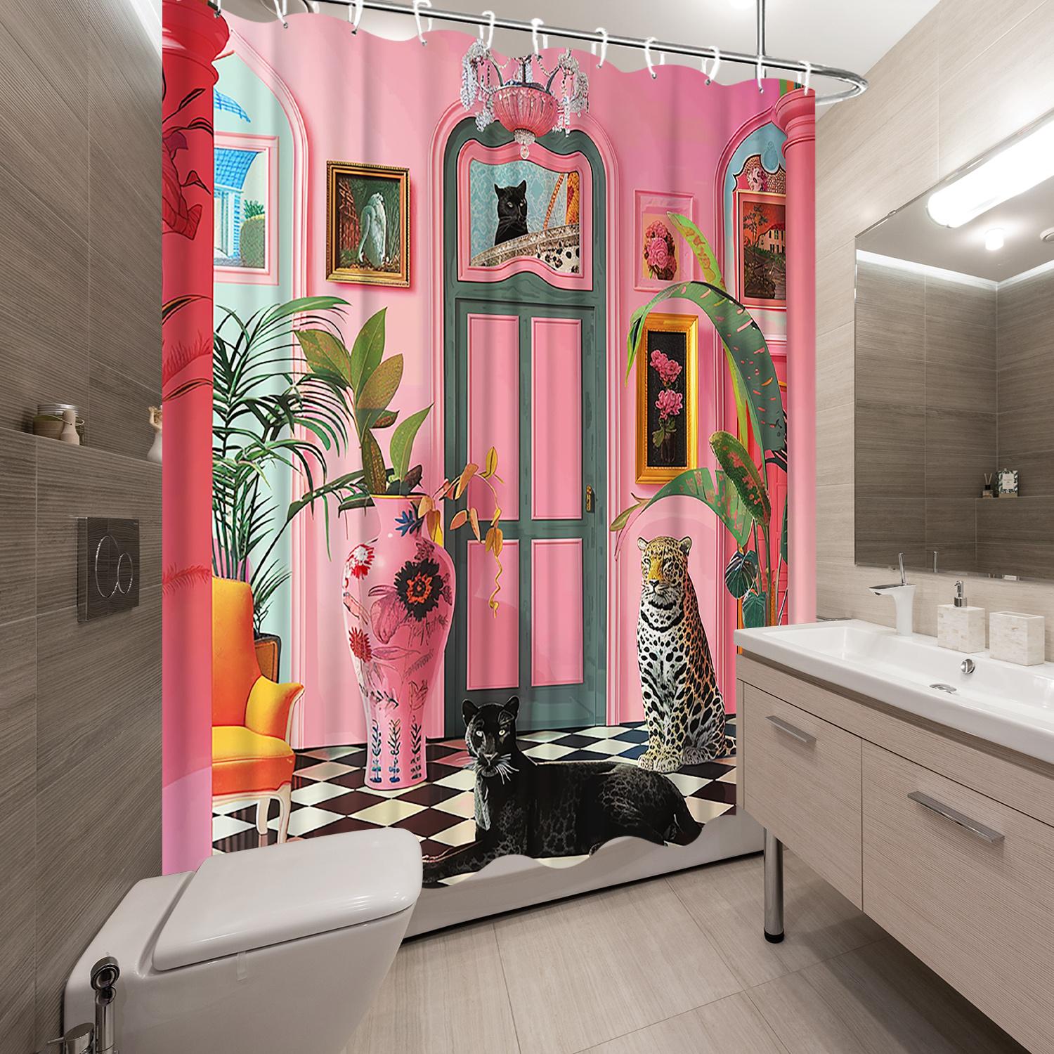 

1 Piece Surreal Leopard Shower Curtain - Bright Pink Interior, Exotic Flowers, Checkered Floor Design, Decorative Shower Curtain W60H190(CM)-1 Pcs