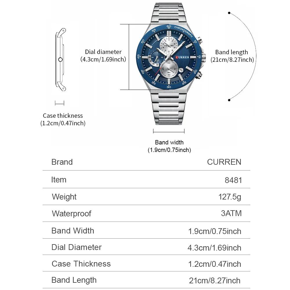 CURREN Sporty Elegant 43mm Men's Chronograph Dial Watch with Stainless Steel Band Luminous Hands Quartzt Wristwatch for Men