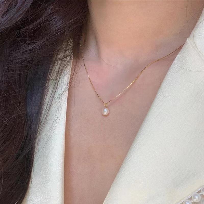 Gold Plated Box Chain Freshwater Pearl Pendant Necklace – Dainty Minimalist Jewelry, Elegance Gift for Women