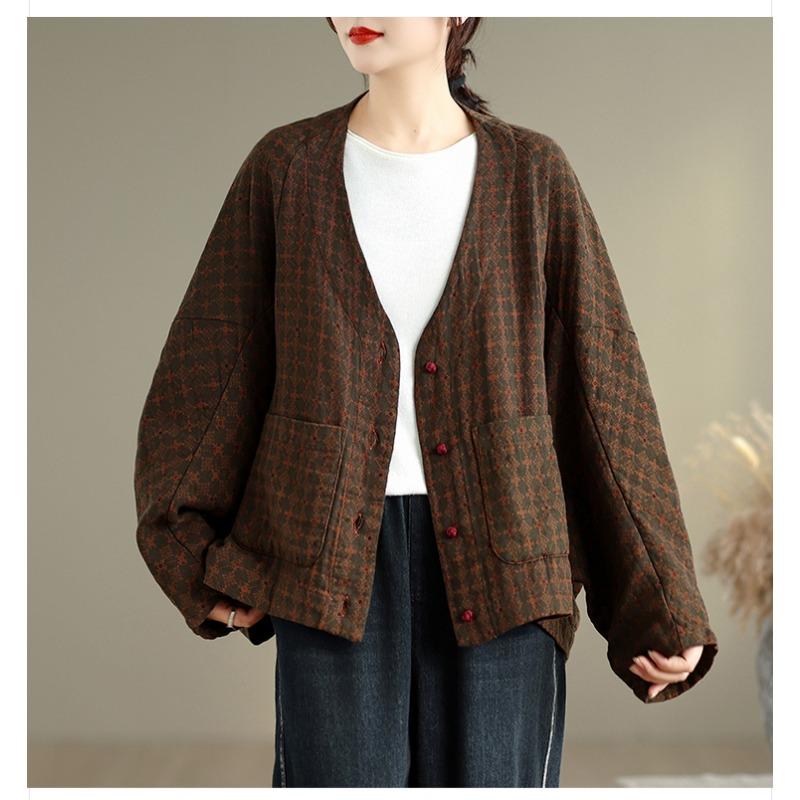 DIMANAF New Plus Size Autumn Women Coat Basic Long Sleeve Jackets Vintage Casual Loose Outerwear Cotton Print