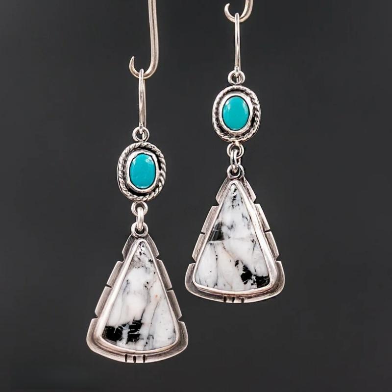 Hot Selling Women's Blue Resin Inlaid Retro Jewelry Metal Handmade Pendant Earrings