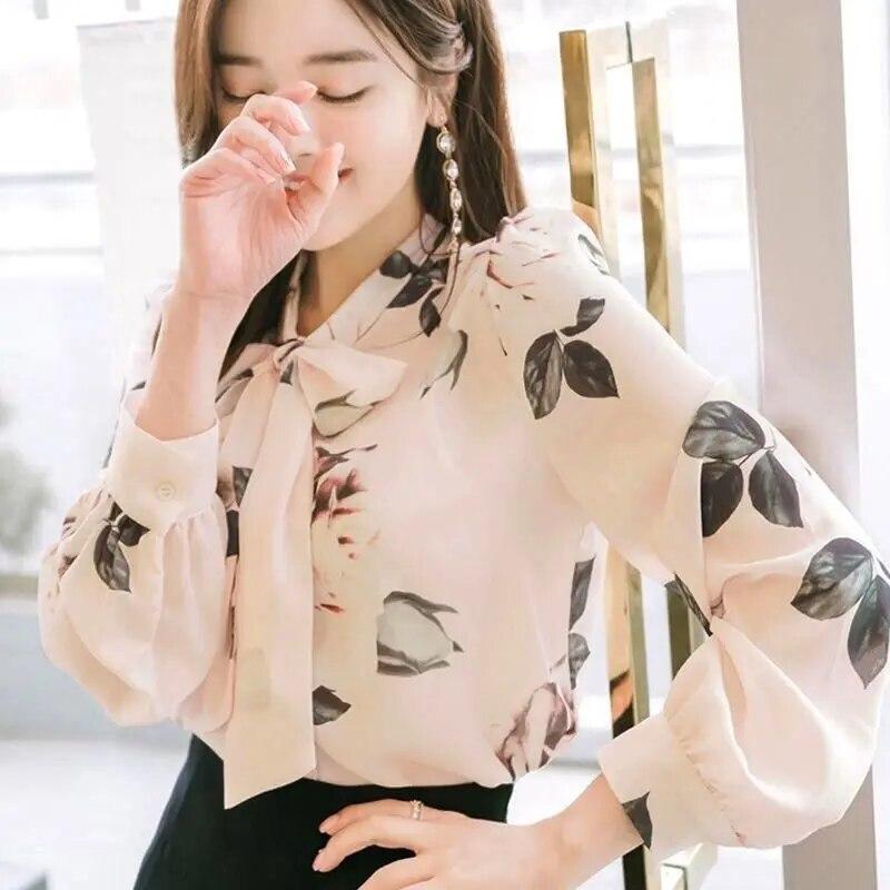 Women's Long Sleeved Bottoming Shirt Spring Autumn New Scarf Collar Tie Up Print Chiffon Top S-5XL