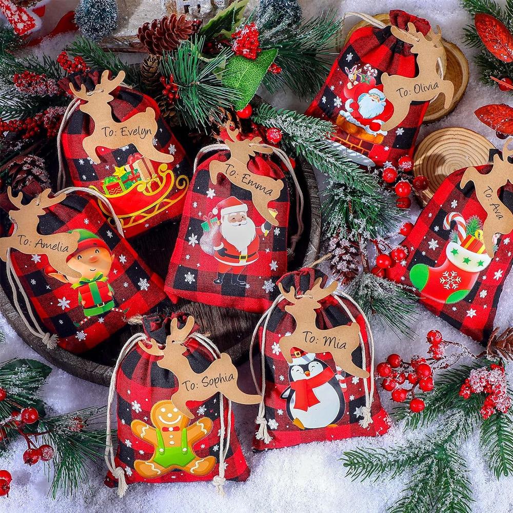 12pcs Christmas Gift Bag Set with Drawstring Closure Christmas Linen Bag Cloth Bag Christmas Candy Bag