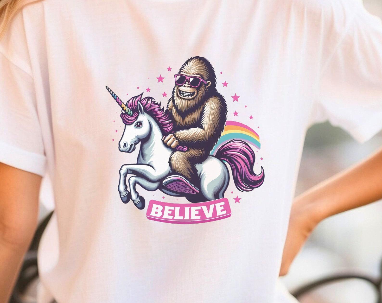 Funny Bigfoot Riding Unicorn Shirt: Mythical Creature Tee S